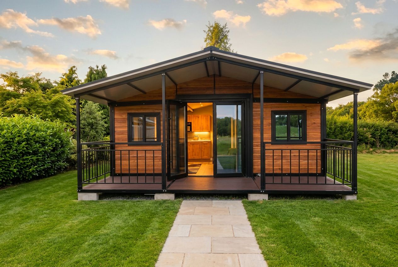 Modular home with pitched roof, veranda and wood cladding